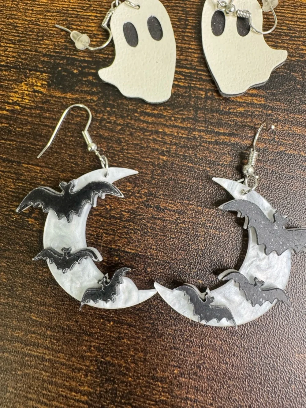 Halloween Ghost and Bat Crescent Moon Dangle Earrings White and Black - Picture 5 of 6